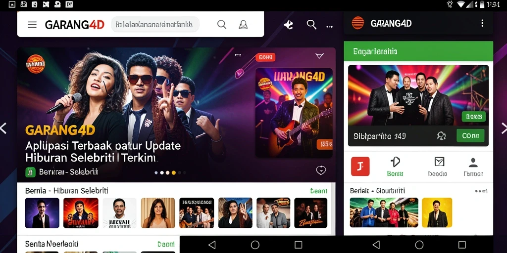 Antarmuka aplikasi GARANG4D yang modern menampilkan berita hiburan selebriti.
