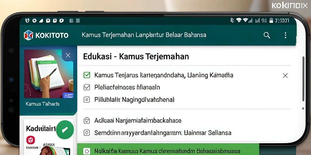 Tampilan antarmuka KOKITOTO dengan fungsi pencarian Kamus Terjemahan.
