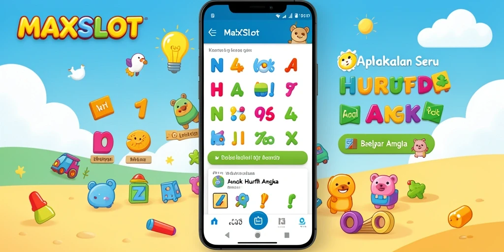 Tampilan antarmuka MAXSLOT yang ceria dan interaktif untuk belajar huruf dan angka.