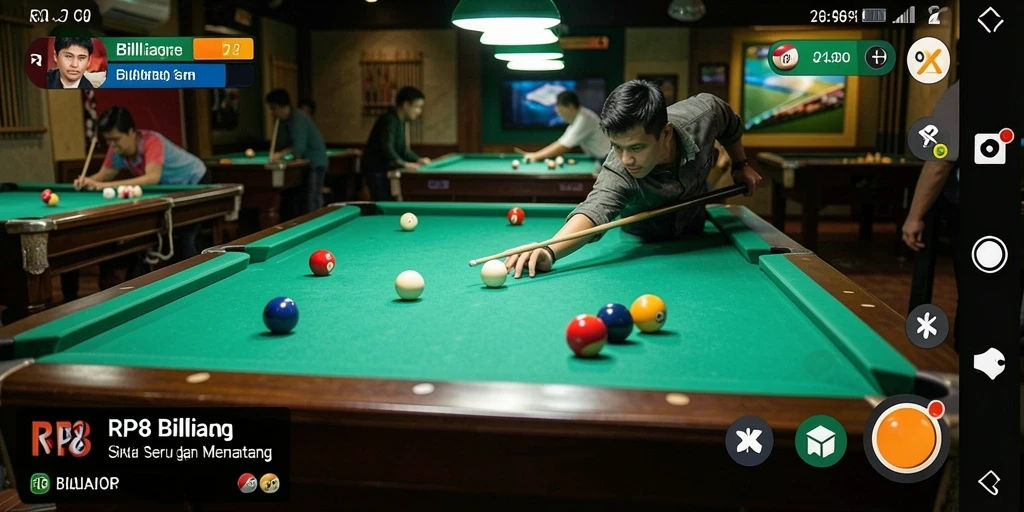 Antarmuka RP8 dengan tampilan billiard yang realistis.