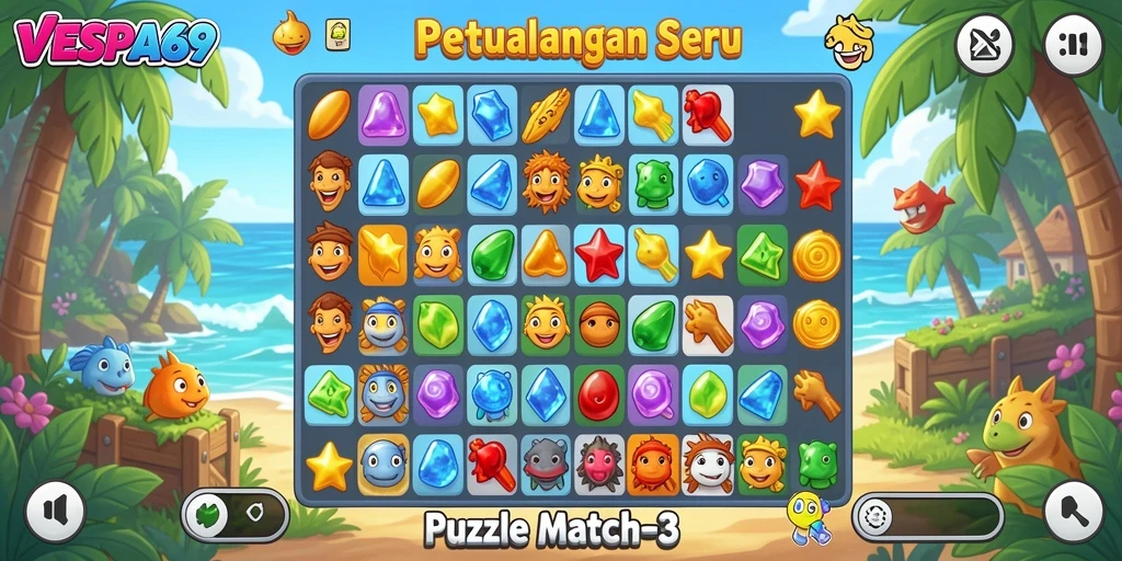 Tampilan antarmuka <strong>VESPA69</strong> penuh warna dengan objek menyenangkan dari Puzzle Match-3.